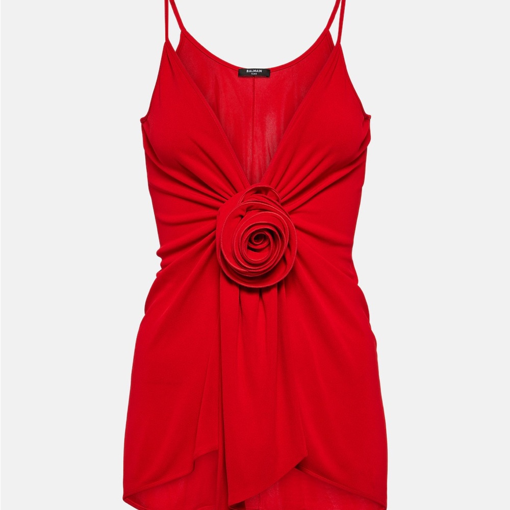 BALMAIN Floral-appliqué gathered crêpe top